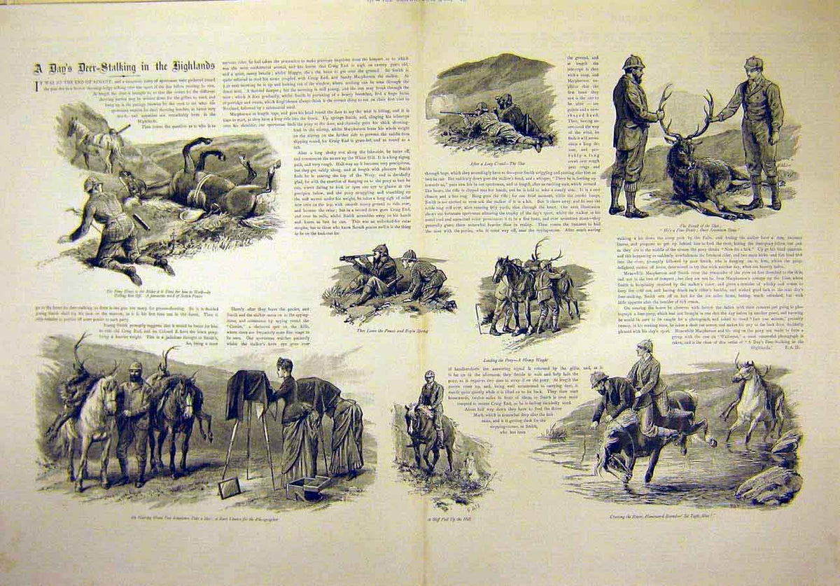 Original Old Antique Print 1889 Deer-Stalking Highlands Scotland Hunt Victorian
