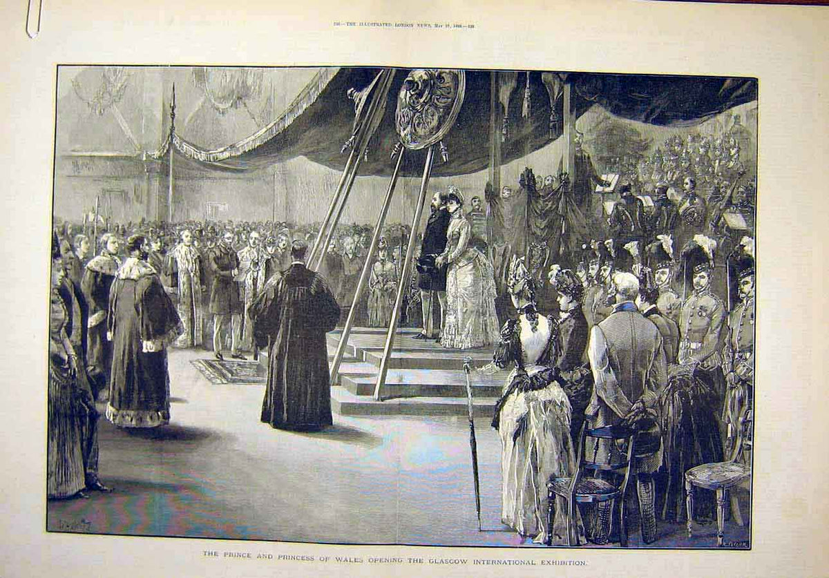 Old Antique Print 1888 Prince Princess Wales Glasgow Exhibition Scotland 19th