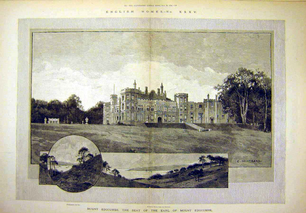 Original Old Antique Print 1894 English Homes Mount Edcumbe Montbard Building