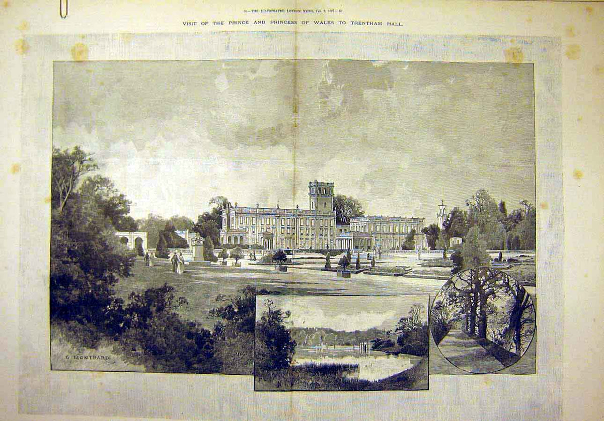 Original Old Antique Print 1897 Trenham Hall Prince Princess Wales Sutherland