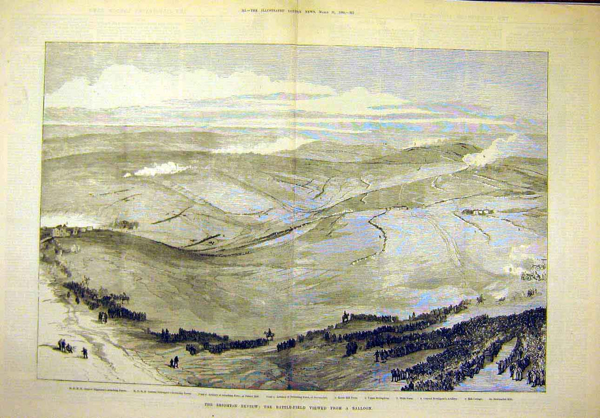 Old Antique Print 1883 Brighton Review Battle-Field Balloon View Military 19th