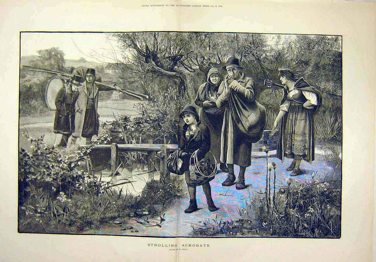 Original Old Antique Print 1883 Strolling Acrobats Gandy Fine Art Victorian