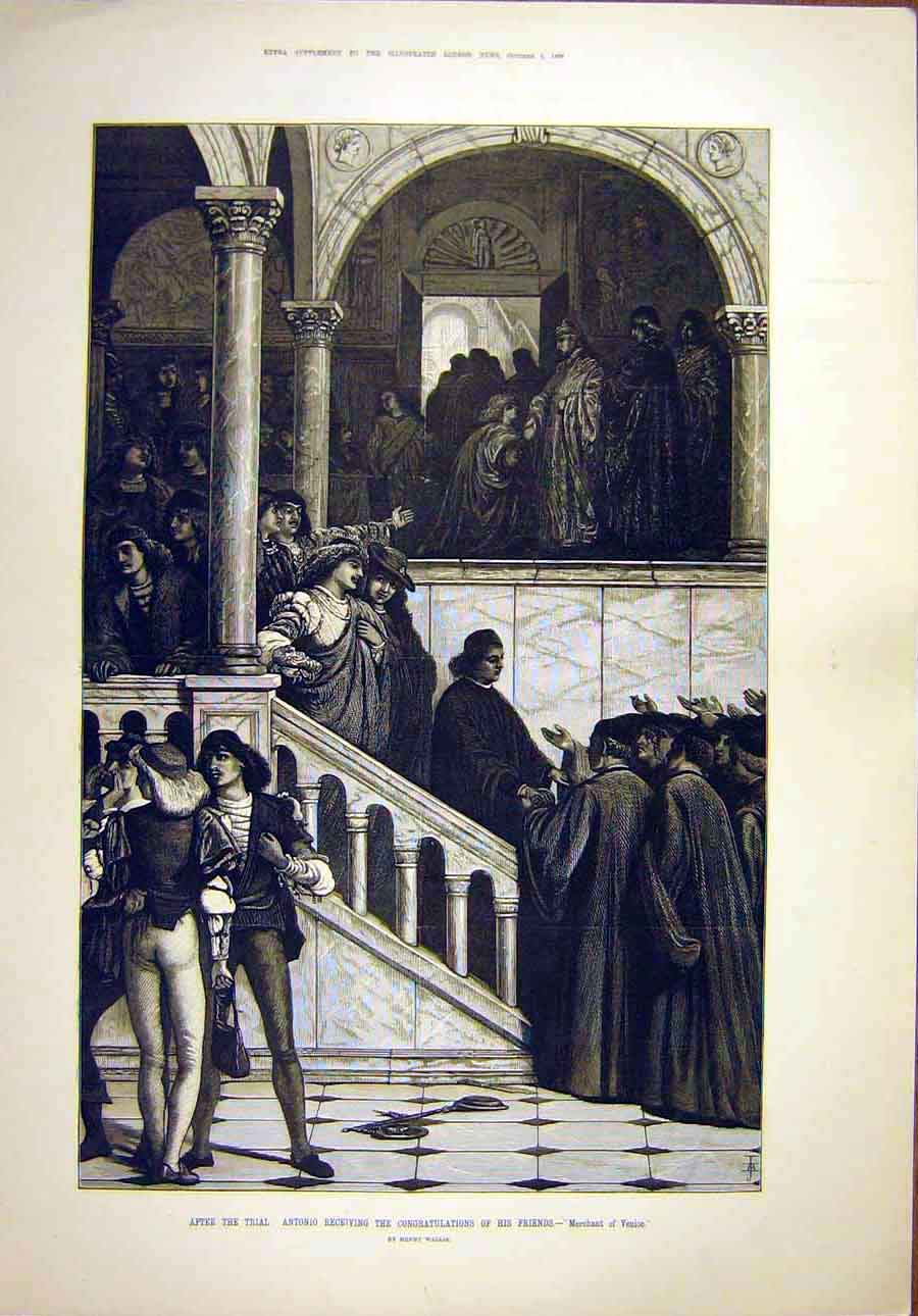 Original Old Antique Print 1879 Trial Antonio Merchant-Venice Theatre Wallis