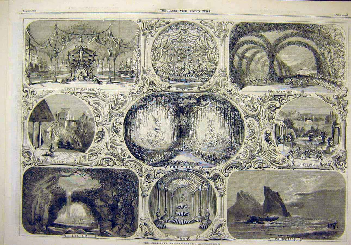 Original Old Antique Print 1861 Christmas Theatre Haymarket Adelphi Lyceum 19th
