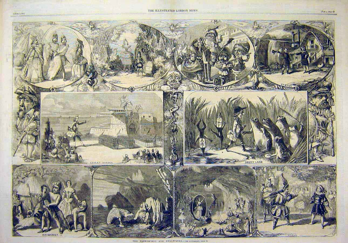 Original Old Antique Print 1862 Pantomimes Burlesques Theatre Sketches 19th