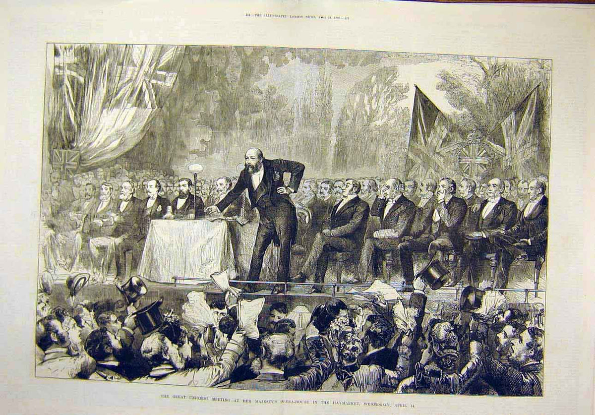 Original Old Antique Print 1886 Opera-House Haymarket Unionist Meeting 19th