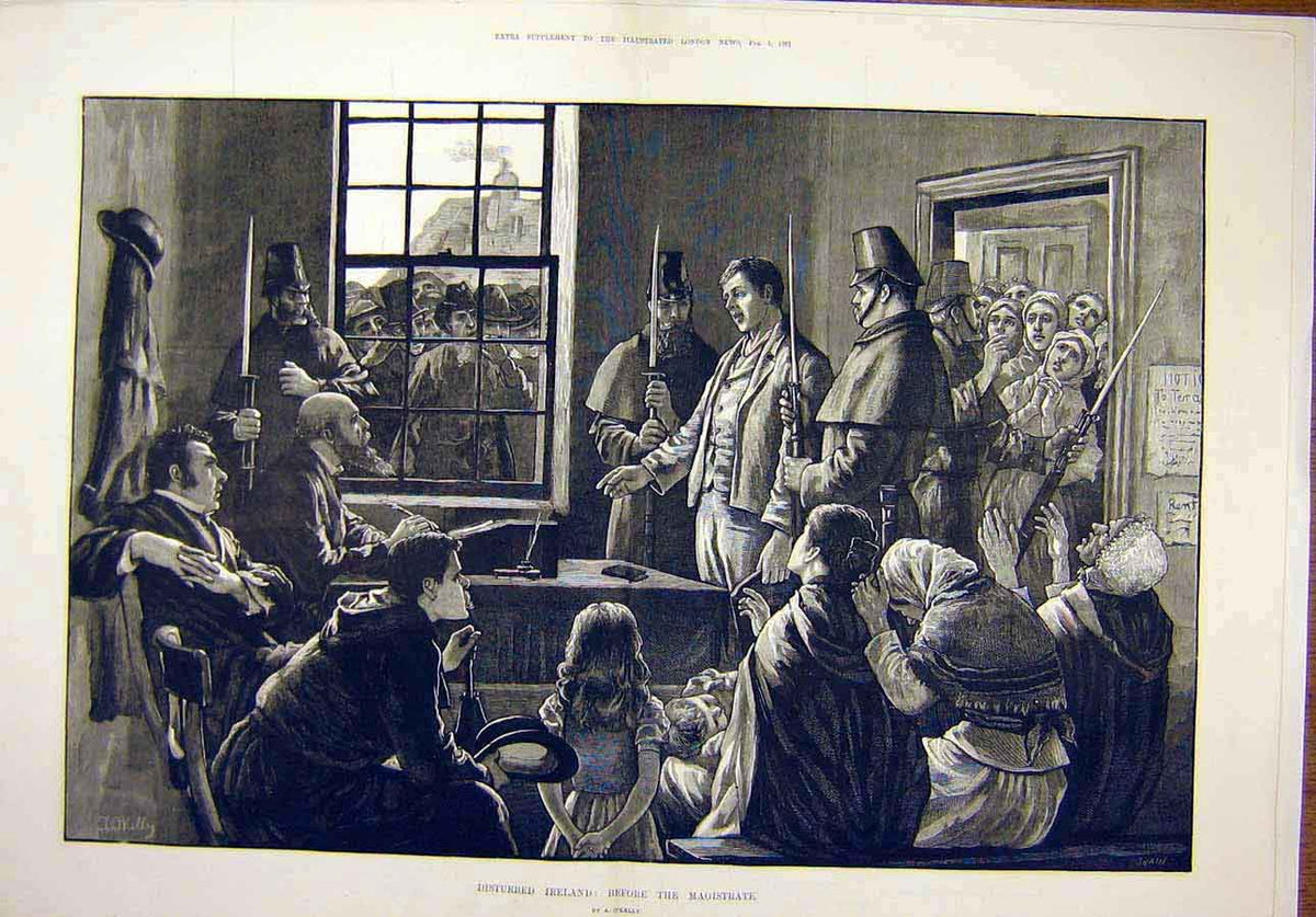 Old Antique Print 1881 Disturbed Ireland Magistrate O'Kelly People Irish 19th