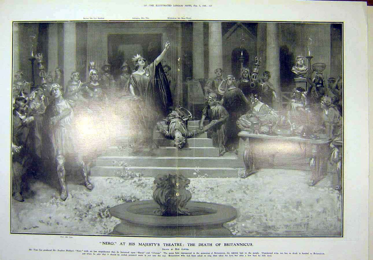 Original Old Antique Print 1906 Nero Theatre Death Britannicus Cowper 20th