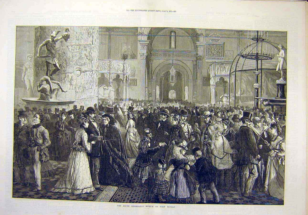 Original Old Antique Print 1871 South-Kensington Museum Whit-Monday People 19th