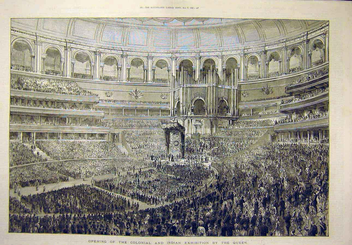 Old Antique Print 1886 Colonial Indian Exhibition Queen Opening Building 19th