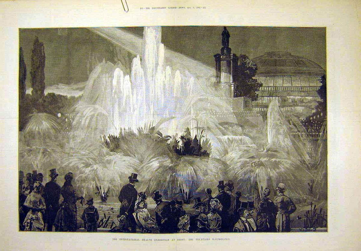 Original Old Antique Print 1884 Interantional Health Exhibition Fountains 19th