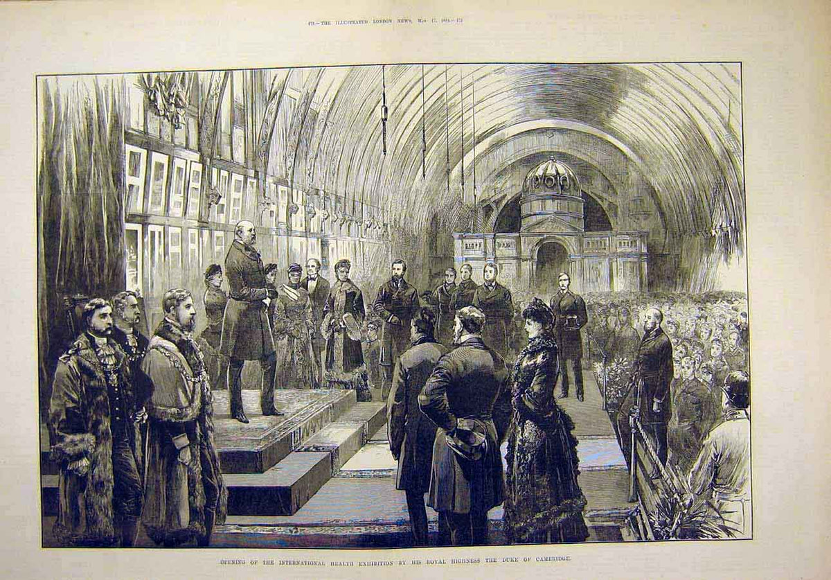 Original Old Antique Print 1884 Interantional Health Exhibition Duke Cambridge
