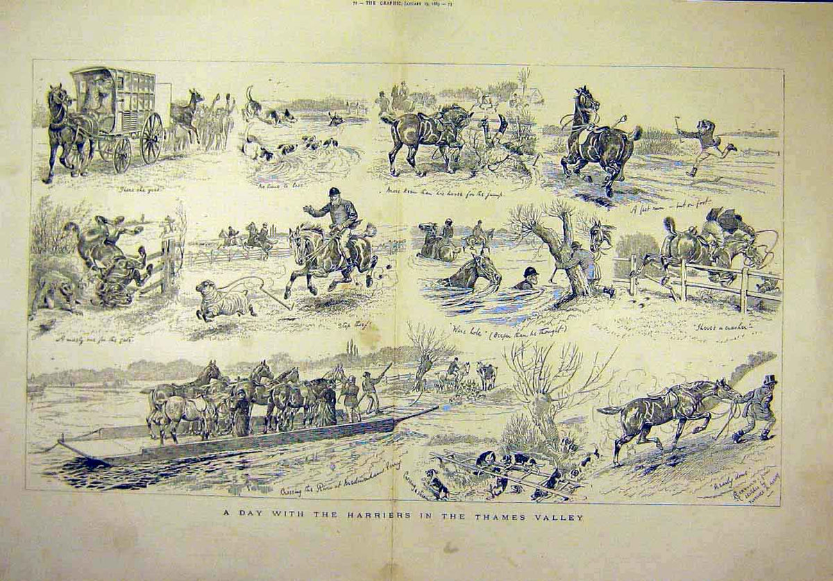 Original Old Antique Print 1889 Harriers Thames Valley Sketches Horses Rider
