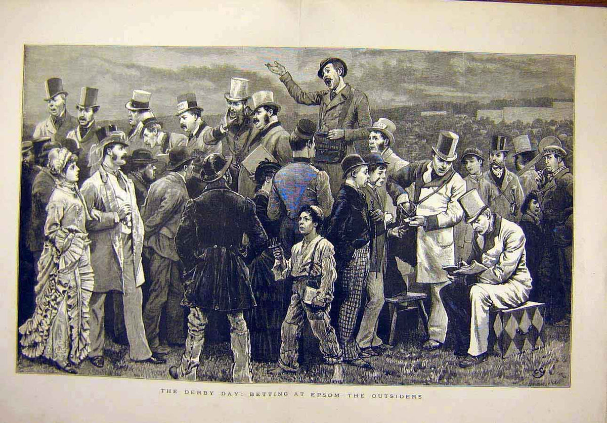 Original Old Antique Print 1879 Derby Day Betting Epsom Horse-Races Outsiders