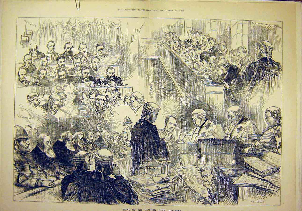 Original Old Antique Print 1879 Trial Glasgow Bank Directors Sketches Court