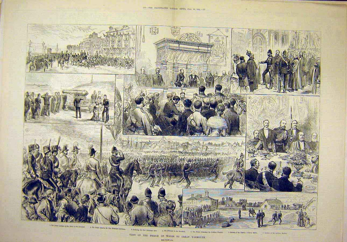 Old Antique Print 1882 Prince Wales Great-Yarmouth Visit Sketches People 19th