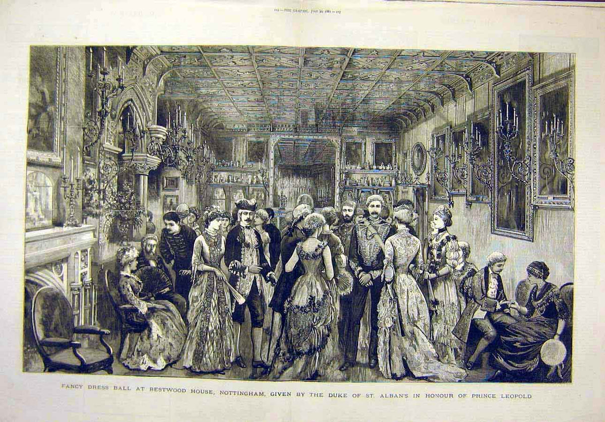 Original Old Antique Print 1881 Fancy-Dress Ball Bestwood House Nottingham Leop
