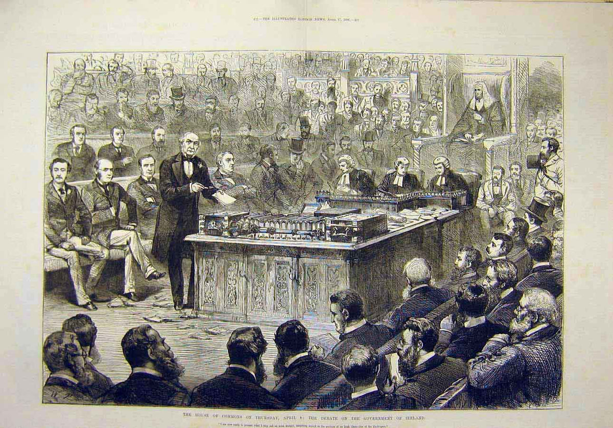 Original Old Antique Print 1886 House Commons Debate Government Ireland 19th