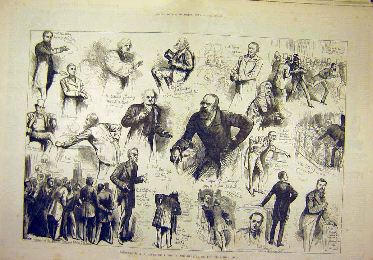 Original Old Antique Print 1884 House Lords Sketches Debates Franchise Bill
