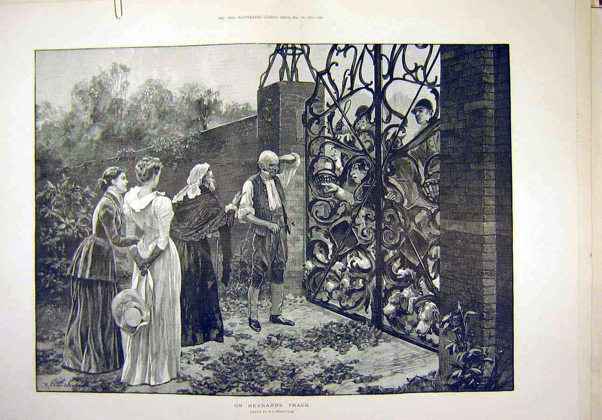 Original Old Antique Print 1891 Reynard'S Track Woodville Fox-Hunt Hunting 19th