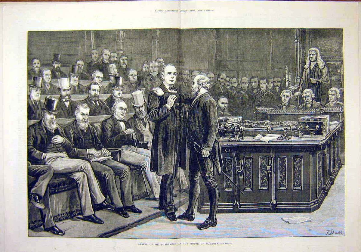 Original Old Antique Print 1880 Arrest Bradlaugh House Commons 19th