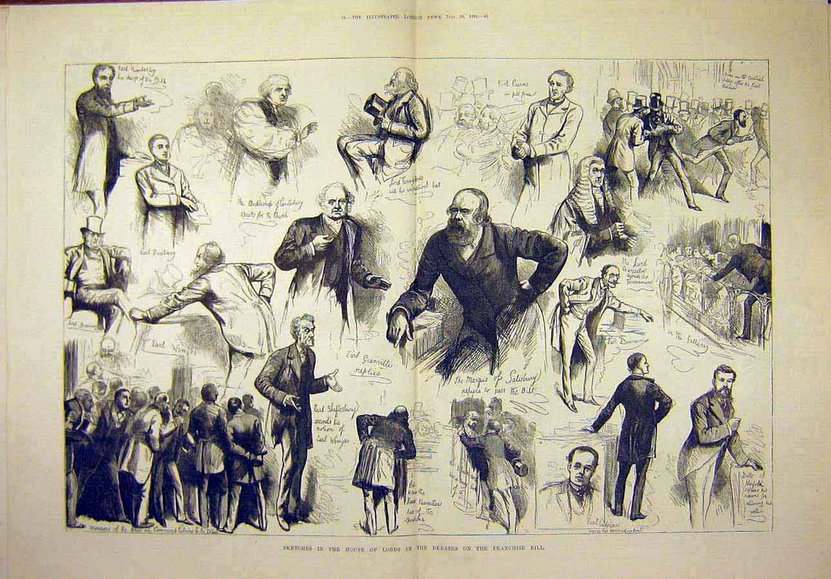 Original Old Antique Print 1884 Sketches House Lords Debates Franchise Bill