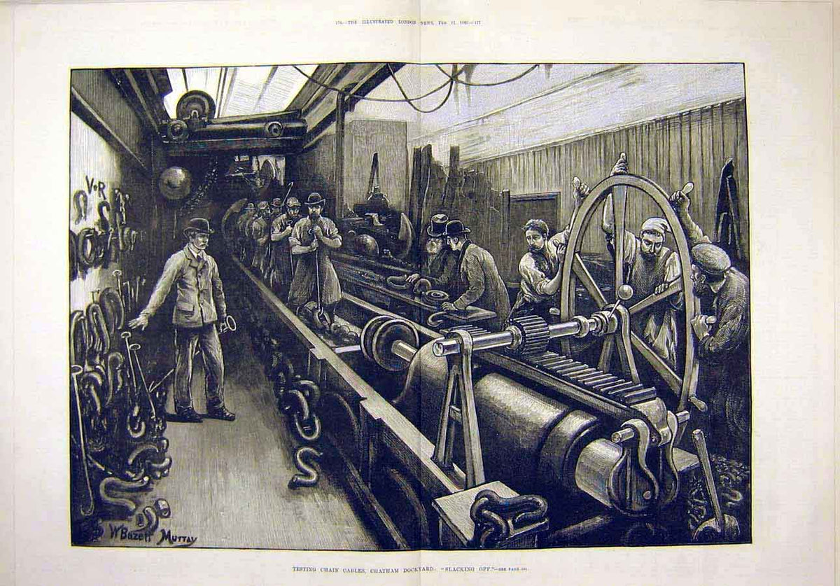 Original Old Antique Print 1880 Test Chain Cables Chatham Docks Slacking-Off