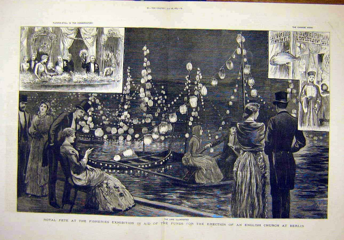 Original Old Antique Print 1883 Royal Fete Fisheries Exhibition Church Berlin