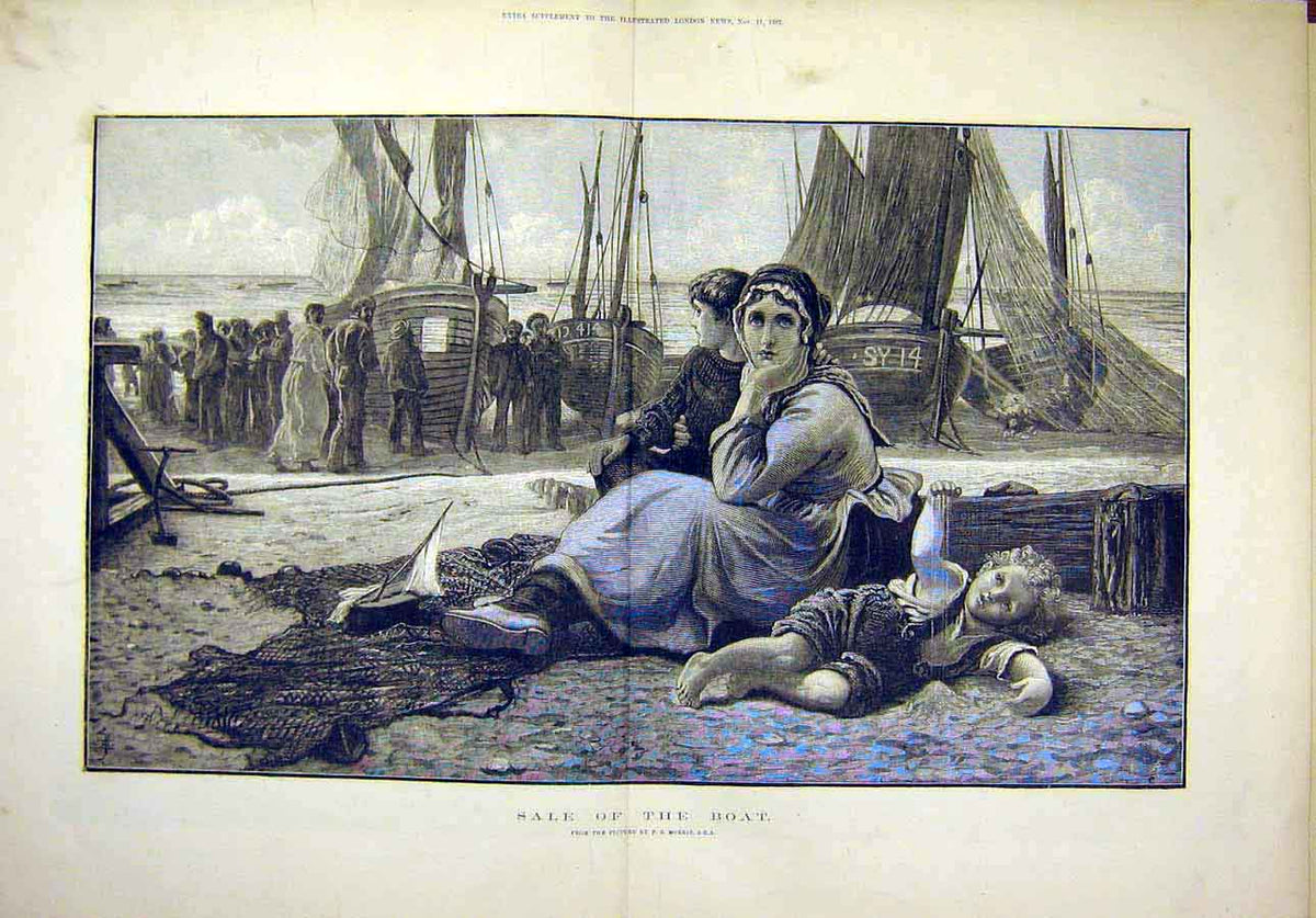Original Old Antique Print 1882 Sale Fishing-Boat Morris Fishermen Victorian