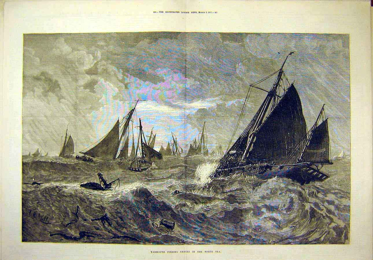 Original Old Antique Print 1877 Yarmouth Fishing Smacks North-Sea Boats 19th