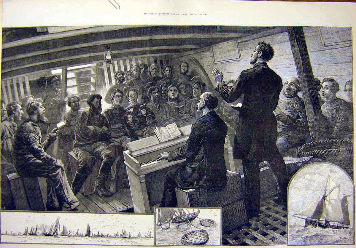 Original Old Antique Print 1882 Service North-Sea Fishing Fleet Thames Church