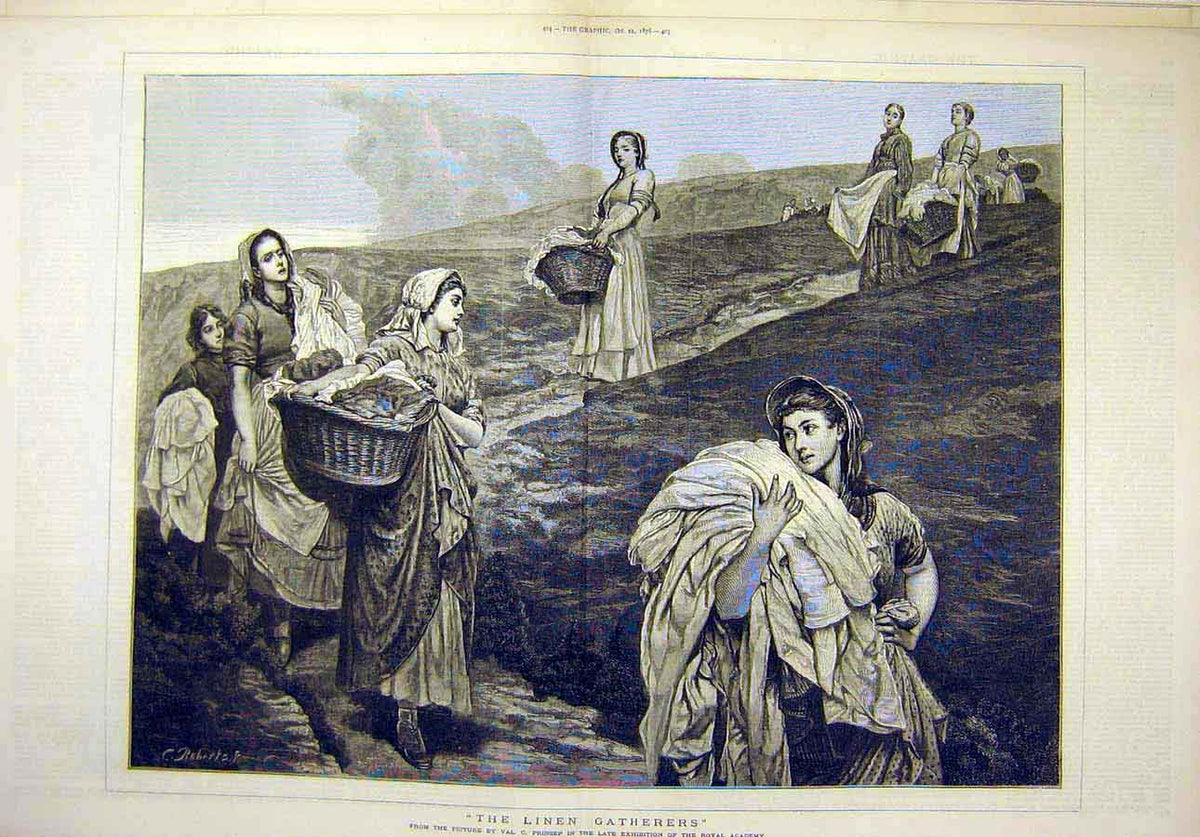Original Old Antique Print 1876 Linen Gatherers Prinsep Fine Art Women 19th