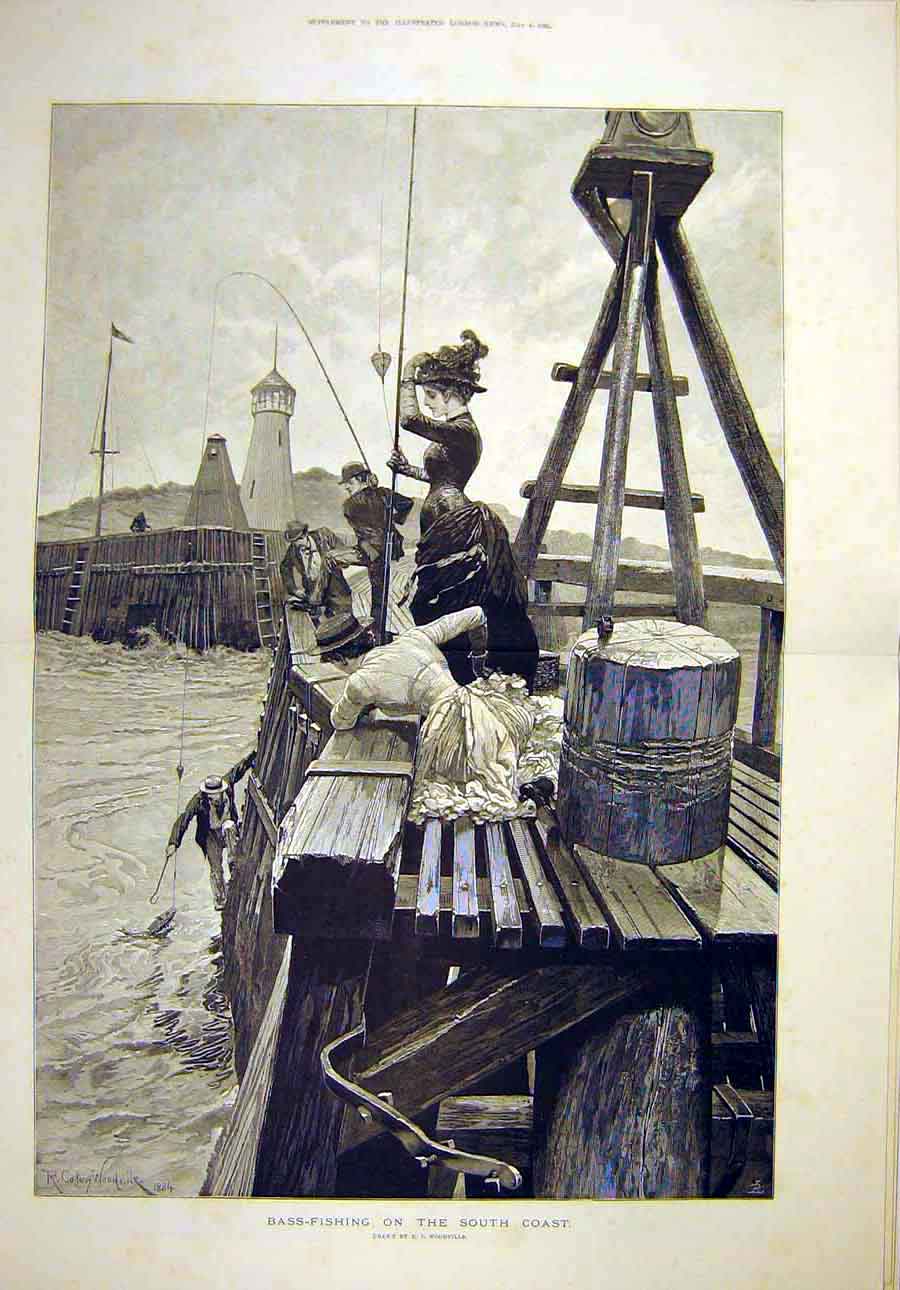 Original Old Antique Print 1885 Bass-Fishing South-Coast Woodville Fishermen