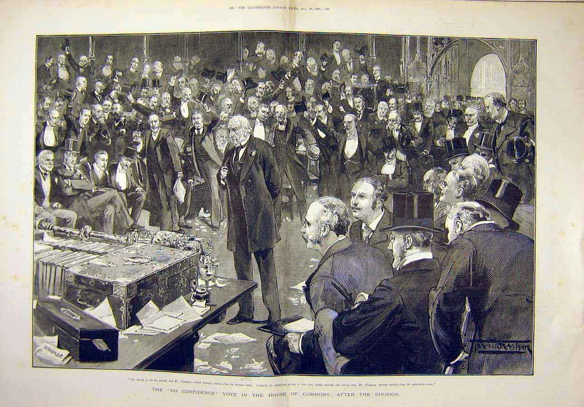 Original Old Antique Print 1892 No-Confidence Vote House Commons Gladstone 19th