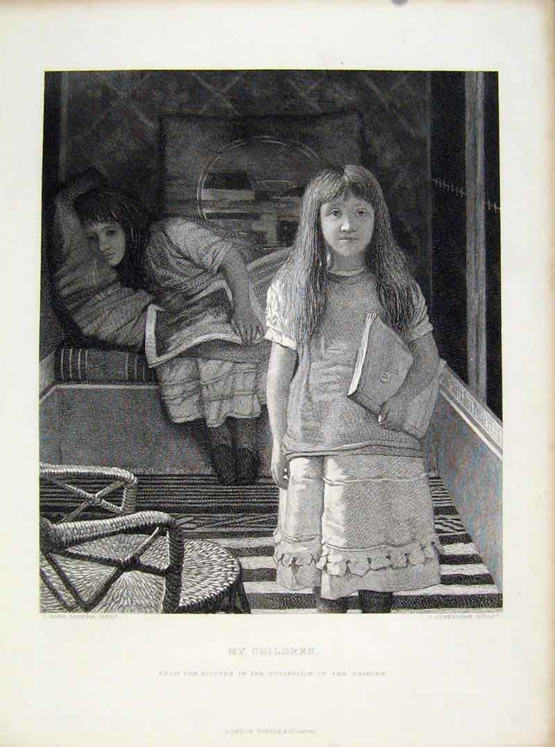 Original Old Antique Print Steel Engraving Alma Tadema C1874 My Children 19th