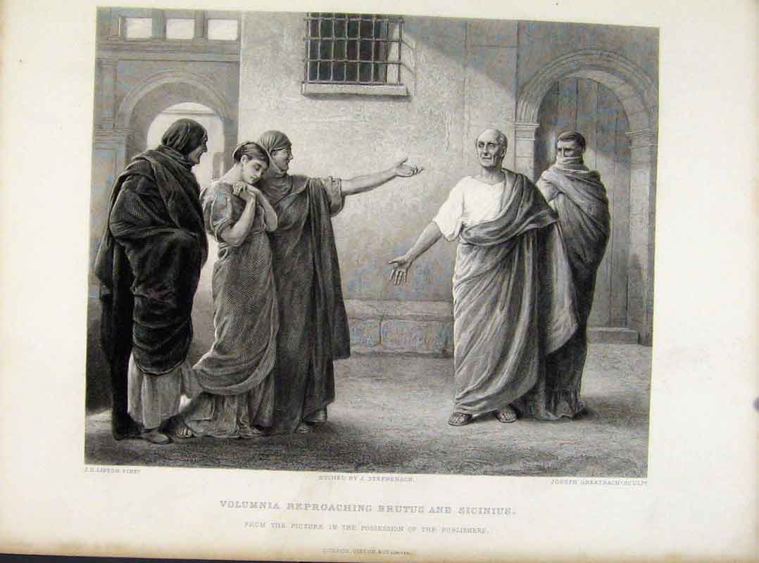 Original Old Antique Print Volumnia Reproachin Brutus Sicinius C1877 Victorian