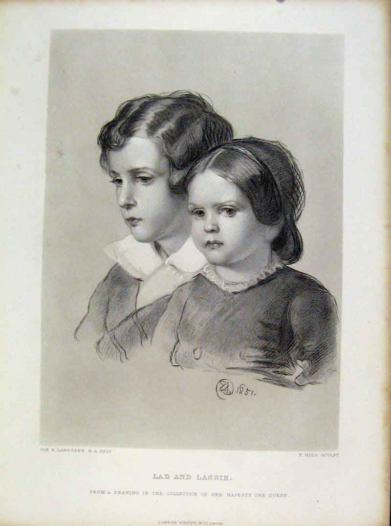 Original Old Antique Print Landseer Engraving Lad And Lassie 1877 19th