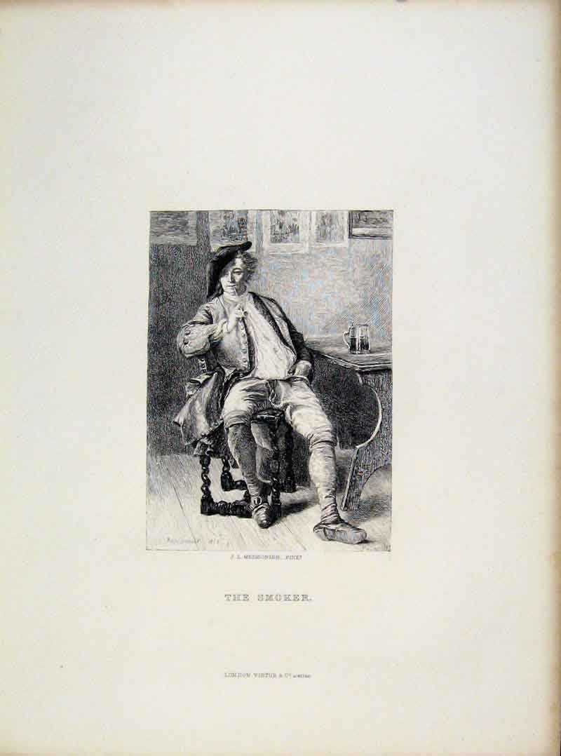 Original Old Antique Print The Smoker Steel Engraved By Meissonier C1877 19th