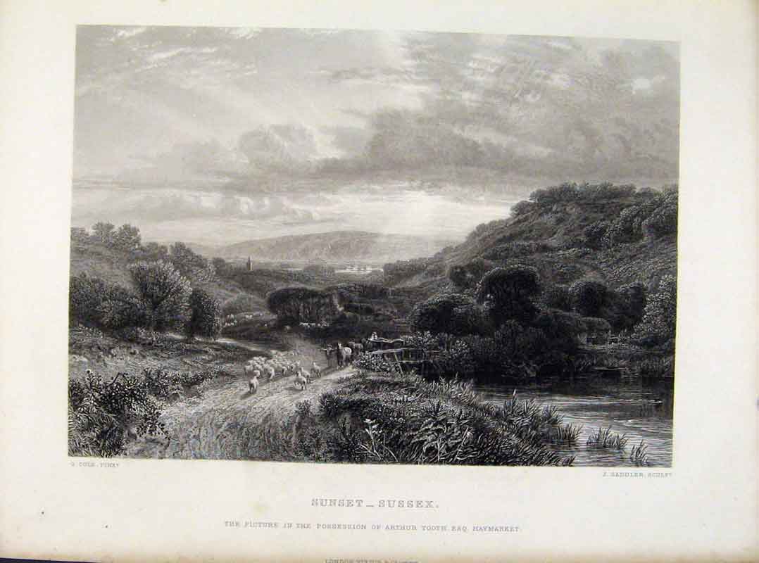 Original Old Antique Print Sunset Sussex Steel Engraving By Cole C1877 Victorian