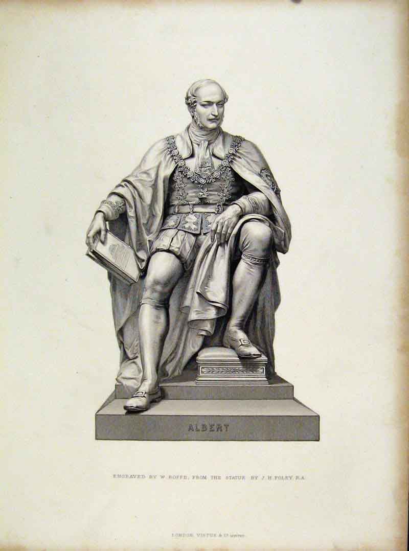 Original Old Antique Print Albert Statue C1877 Engraving By Roffe Art Victorian