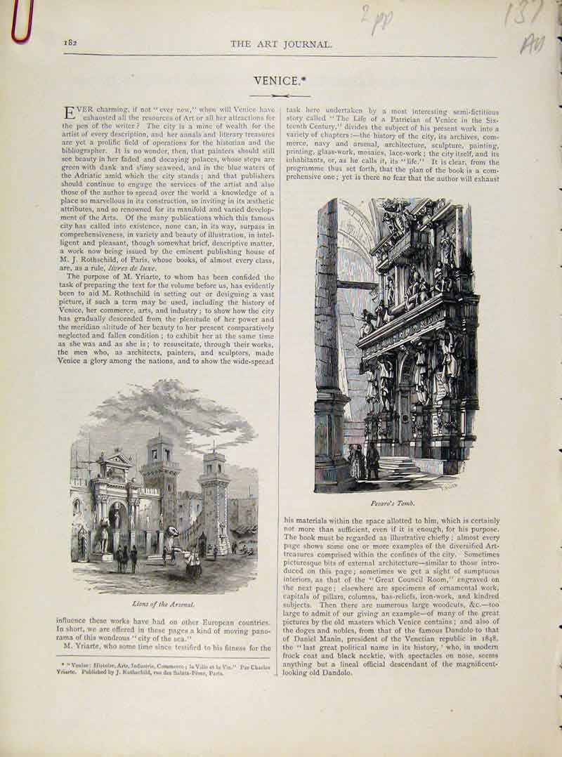 Original Old Antique Print Art Journal Venice Italy Architecture C1877 19th