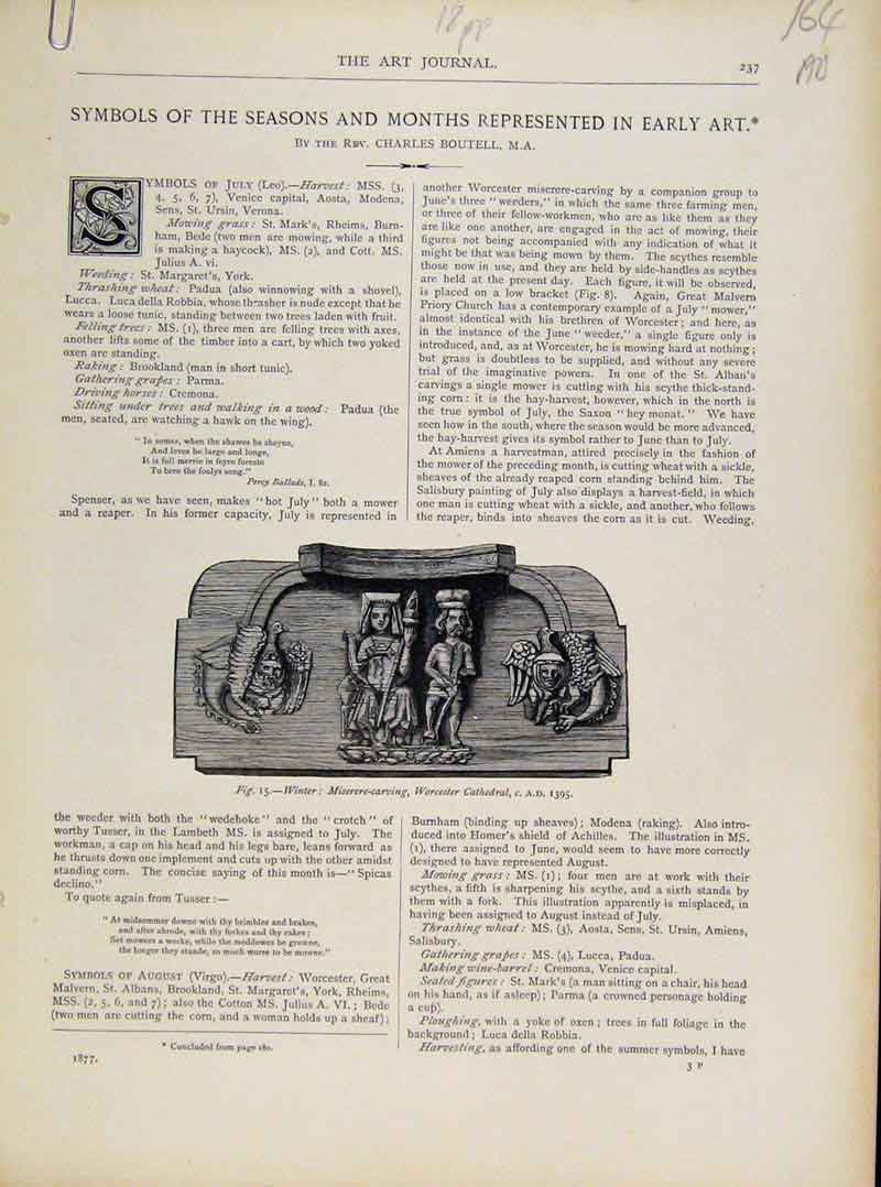 Original Old Antique Print Symbols Season Months Early Art Journal C1877 19th