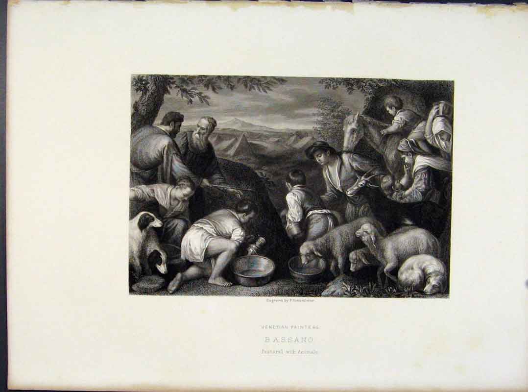 Original Old Antique Print Venetian Painters Bassano Pastoral Animals C1874 19th