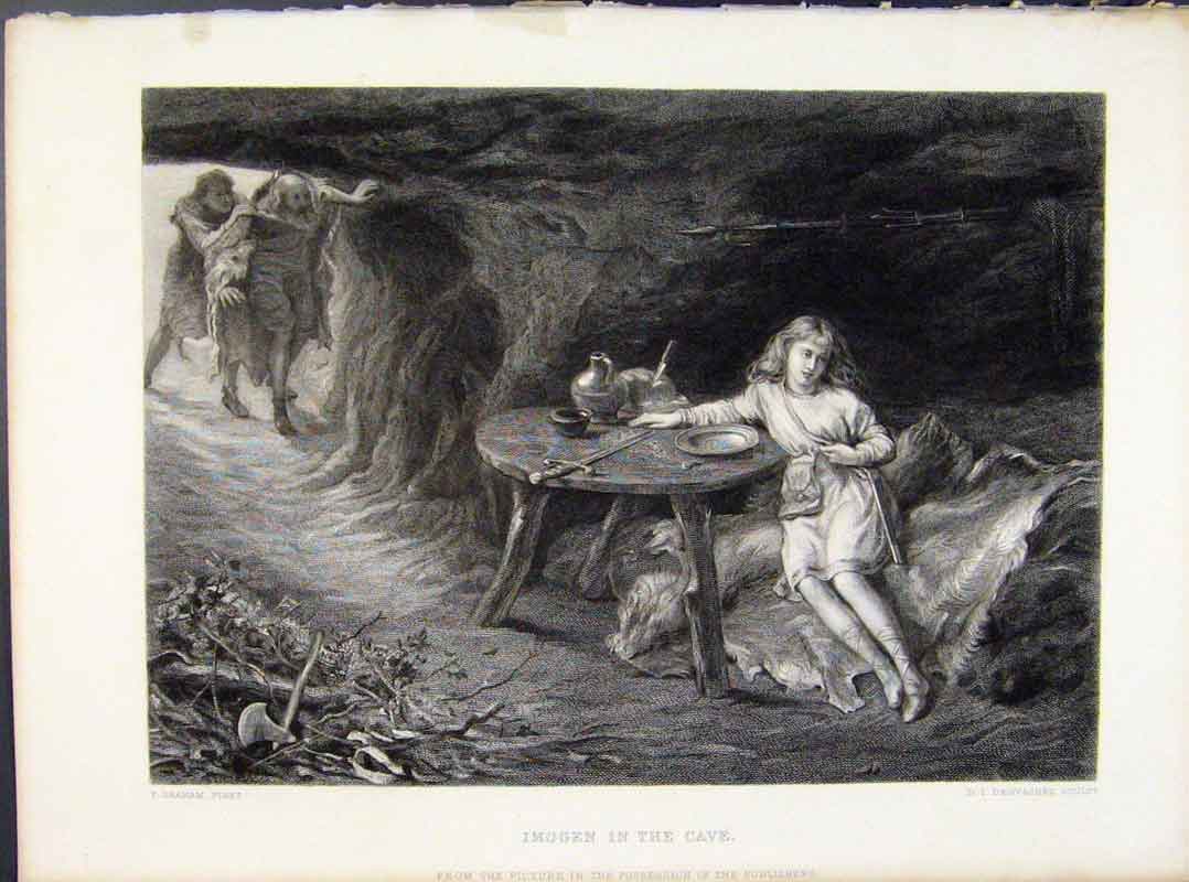 Original Old Antique Print Steel Engraving By Graham Imogen In Cave 1874 19th