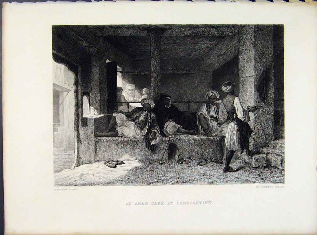 Original Old Antique Print Arab Caf∆ü Constantine C1874 Steel Engraving 19th
