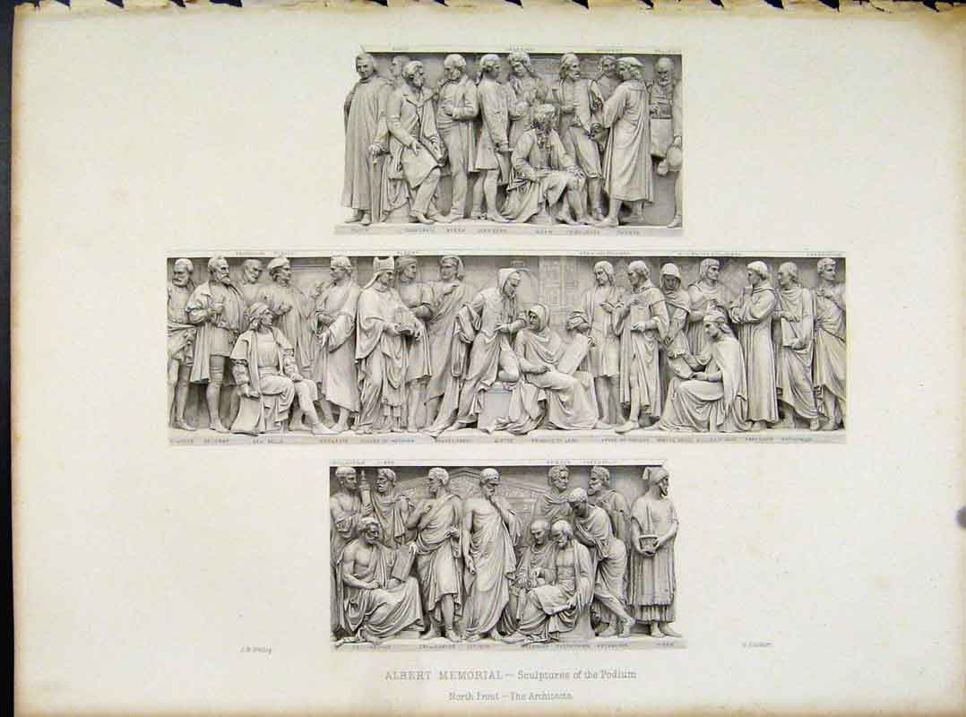 Original Old Antique Print Albert Memorial North Front Sculptures Podium C1874