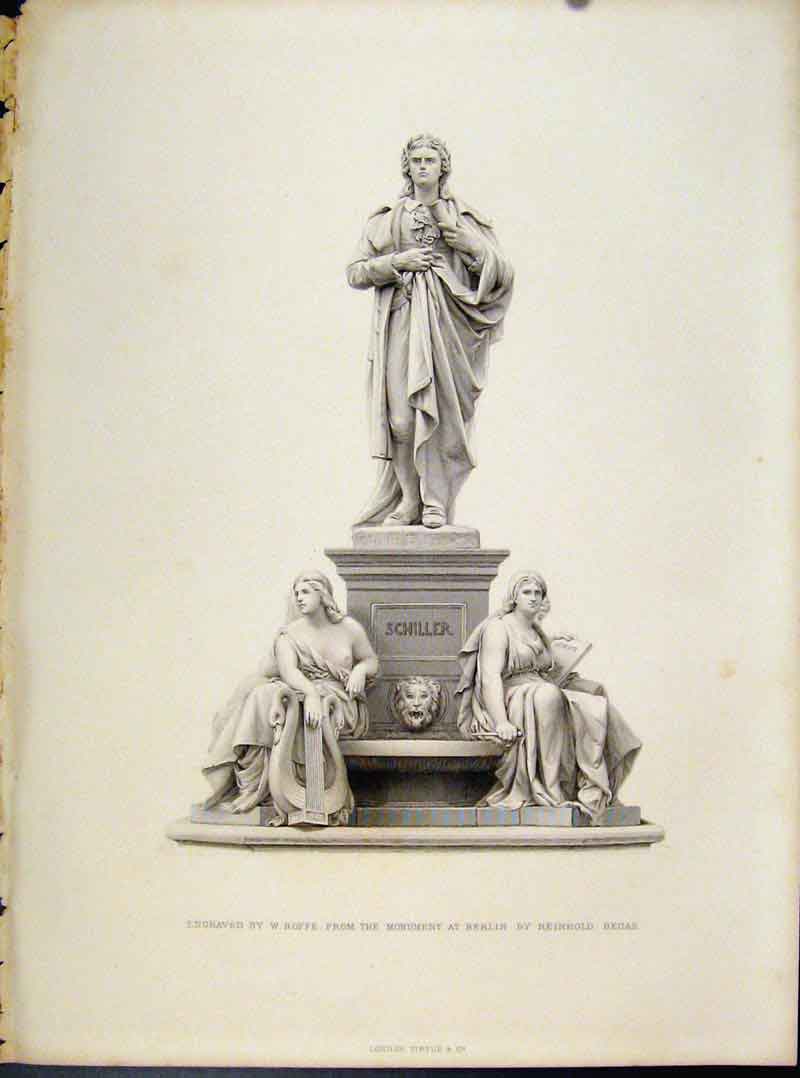 Original Old Antique Print Schiller Statue Engraved Roffe C1874 19th
