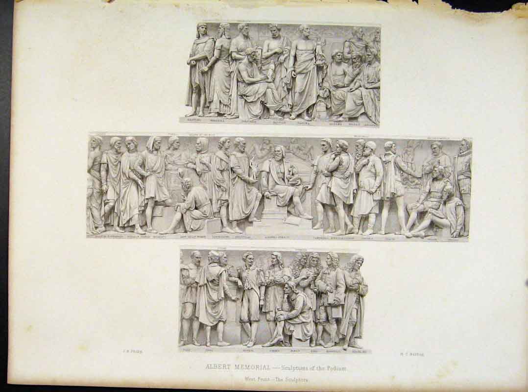 Original Old Antique Print Albert Memorial Sculptures Podium West Front C1874