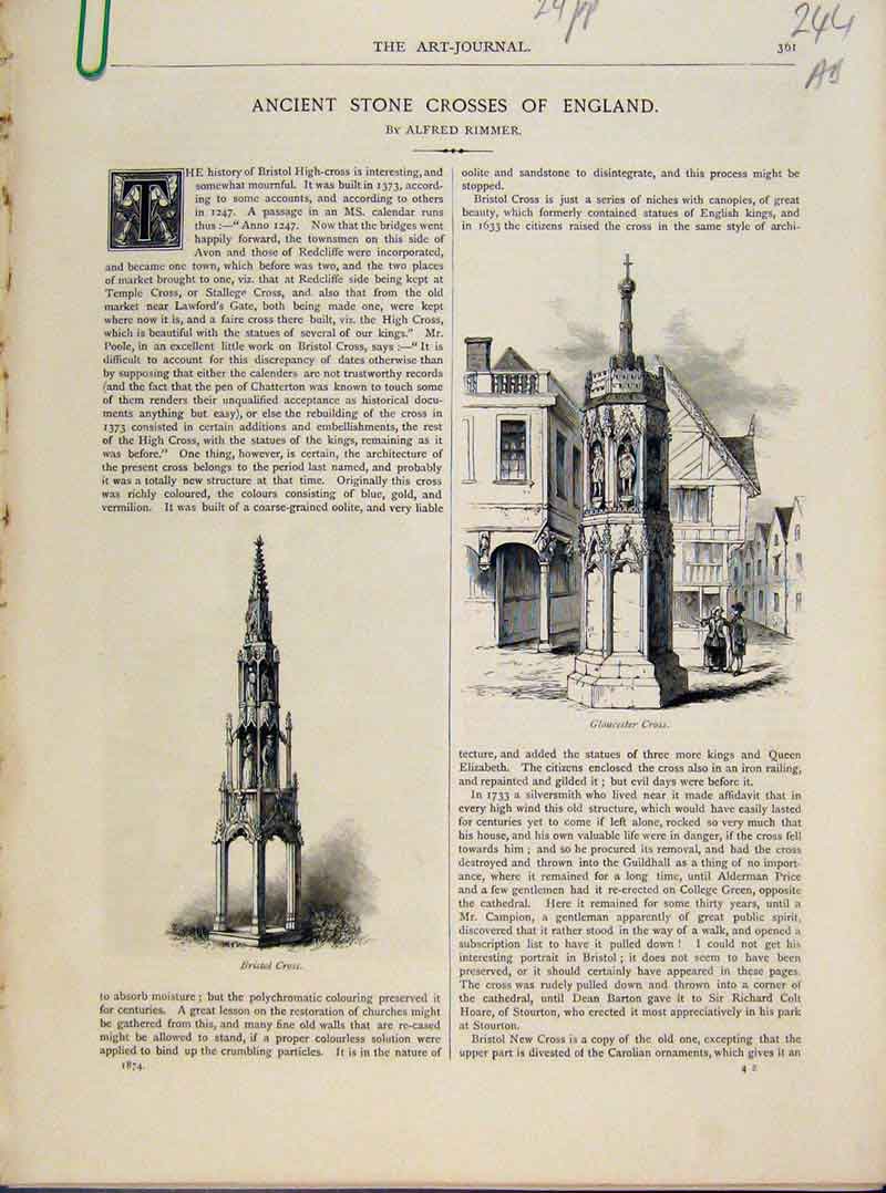 Original Old Antique Print Ancient Stone Crosses England Art Journal C1874 19th