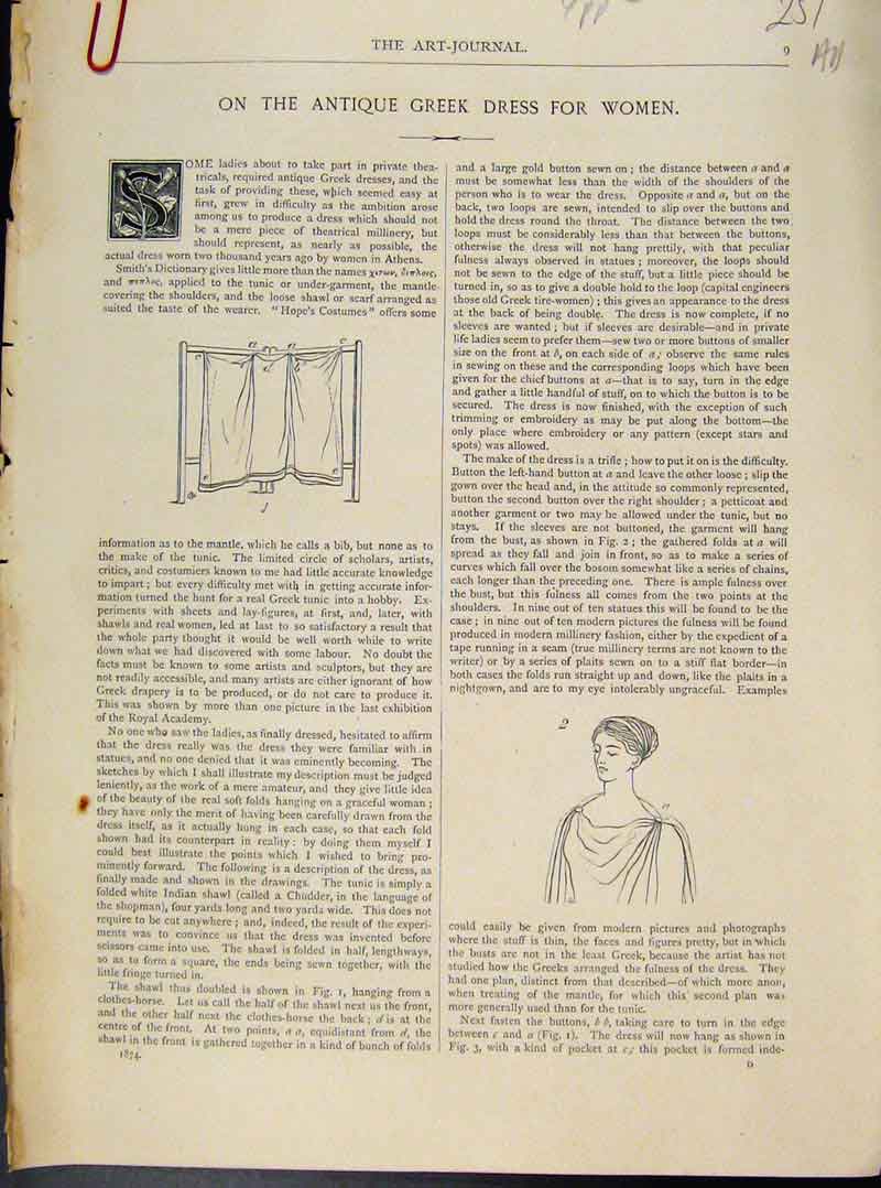 Original Old Antique Print Art Journal Greek Dress Women C1874 19th